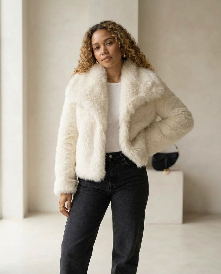 Zara | Elegant Faux Fur Jacket for Autumn/Winter in Off White — Maison Perigee — front