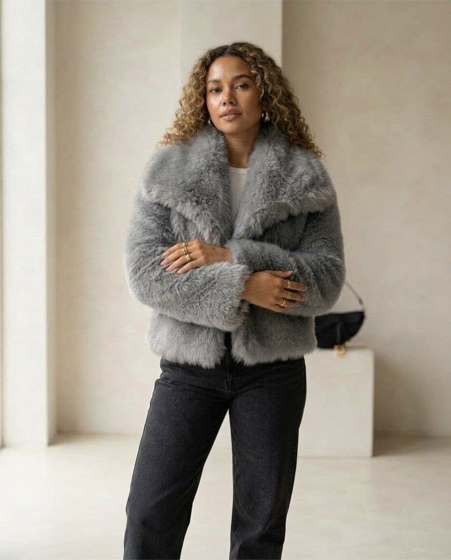 Zara | Elegant Faux Fur Jacket for Autumn/Winter in Gray — Maison Perigee — front