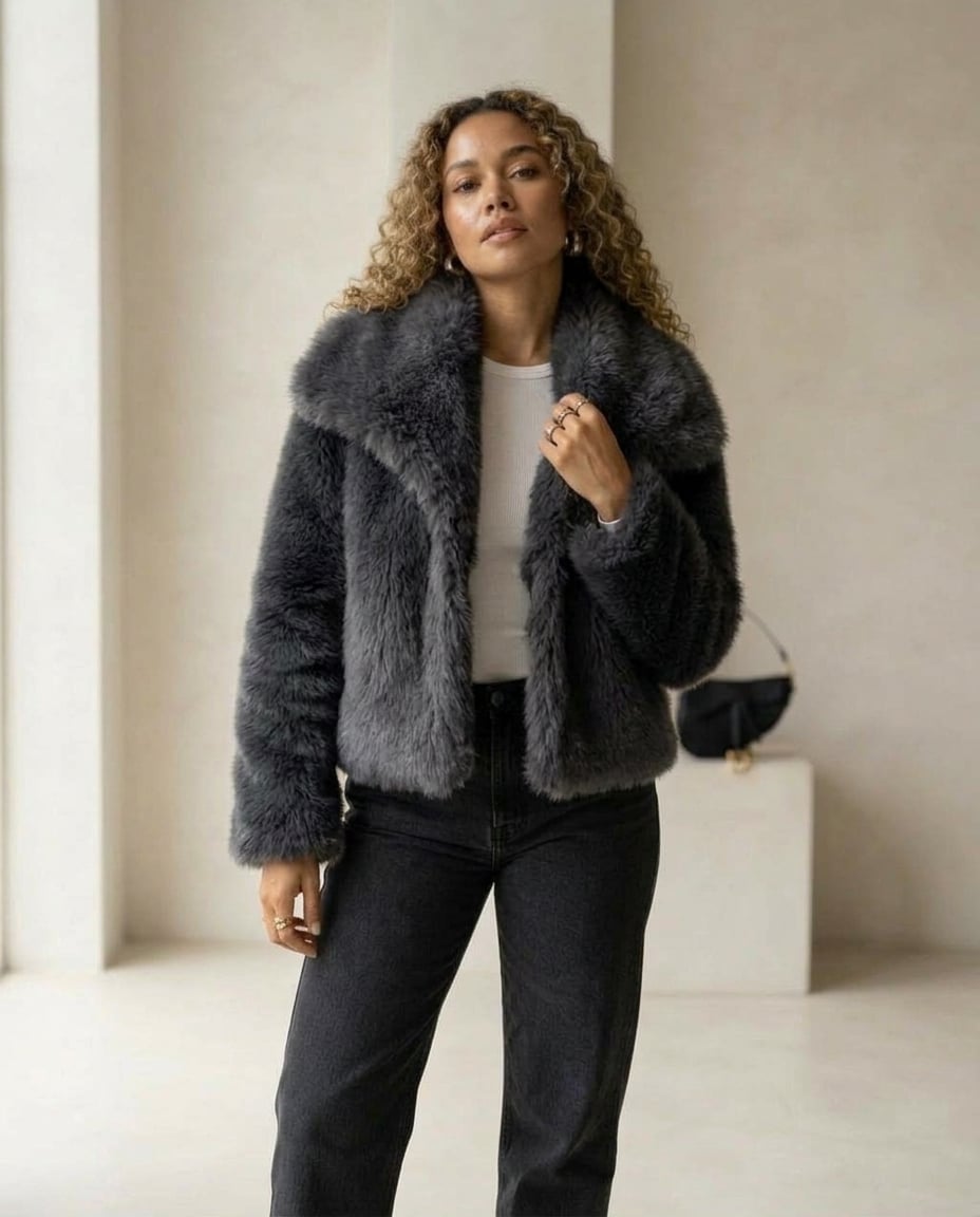 Zara | Elegant Faux Fur Jacket for Autumn/Winter in Dark Gray — Maison Perigee — front