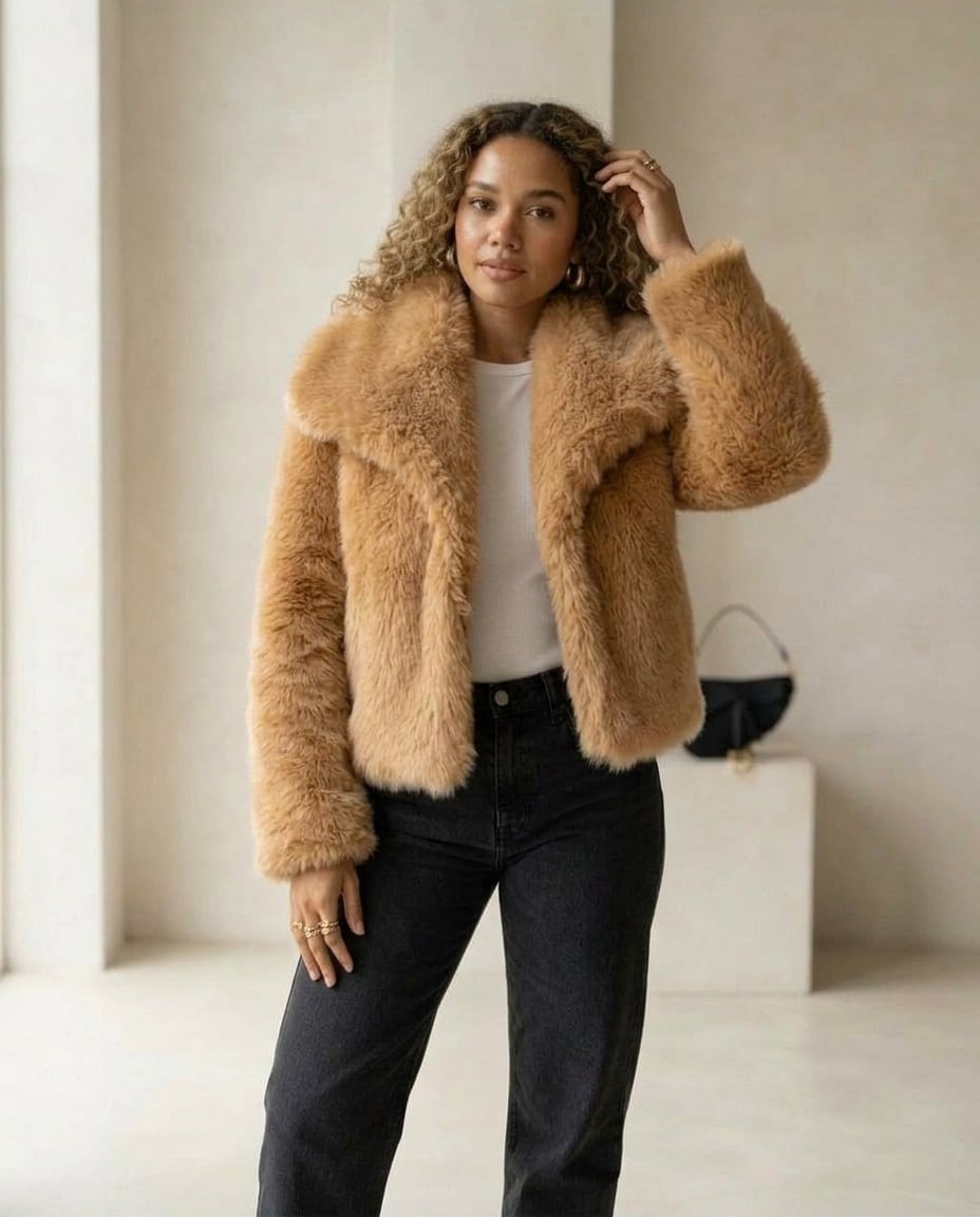 Zara | Elegant Faux Fur Jacket for Autumn/Winter in Camel — Maison Perigee — front