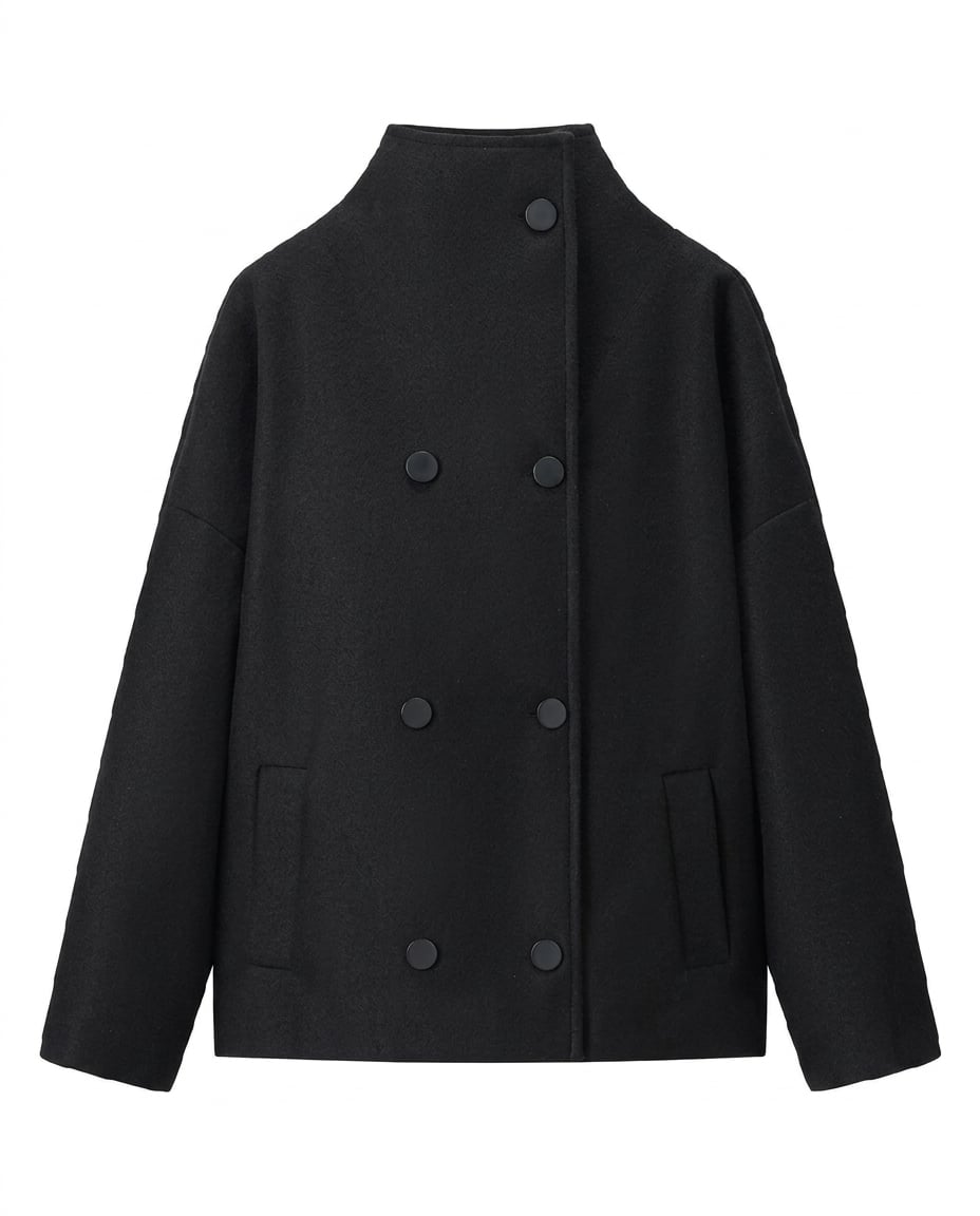 Amelia Sophisticated Double-Breasted Wool Jacket in Black — Maison Perigee — detail