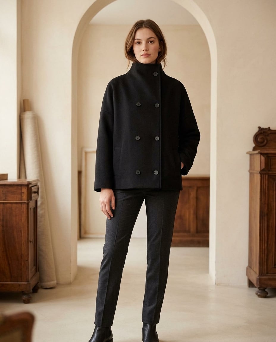Amelia Sophisticated Double-Breasted Wool Jacket in Black — Maison Perigee — front