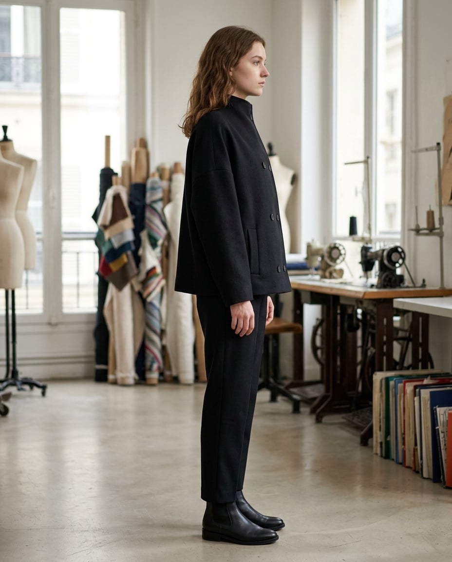 Amelia Sophisticated Double-Breasted Wool Jacket in Black — Maison Perigee — side
