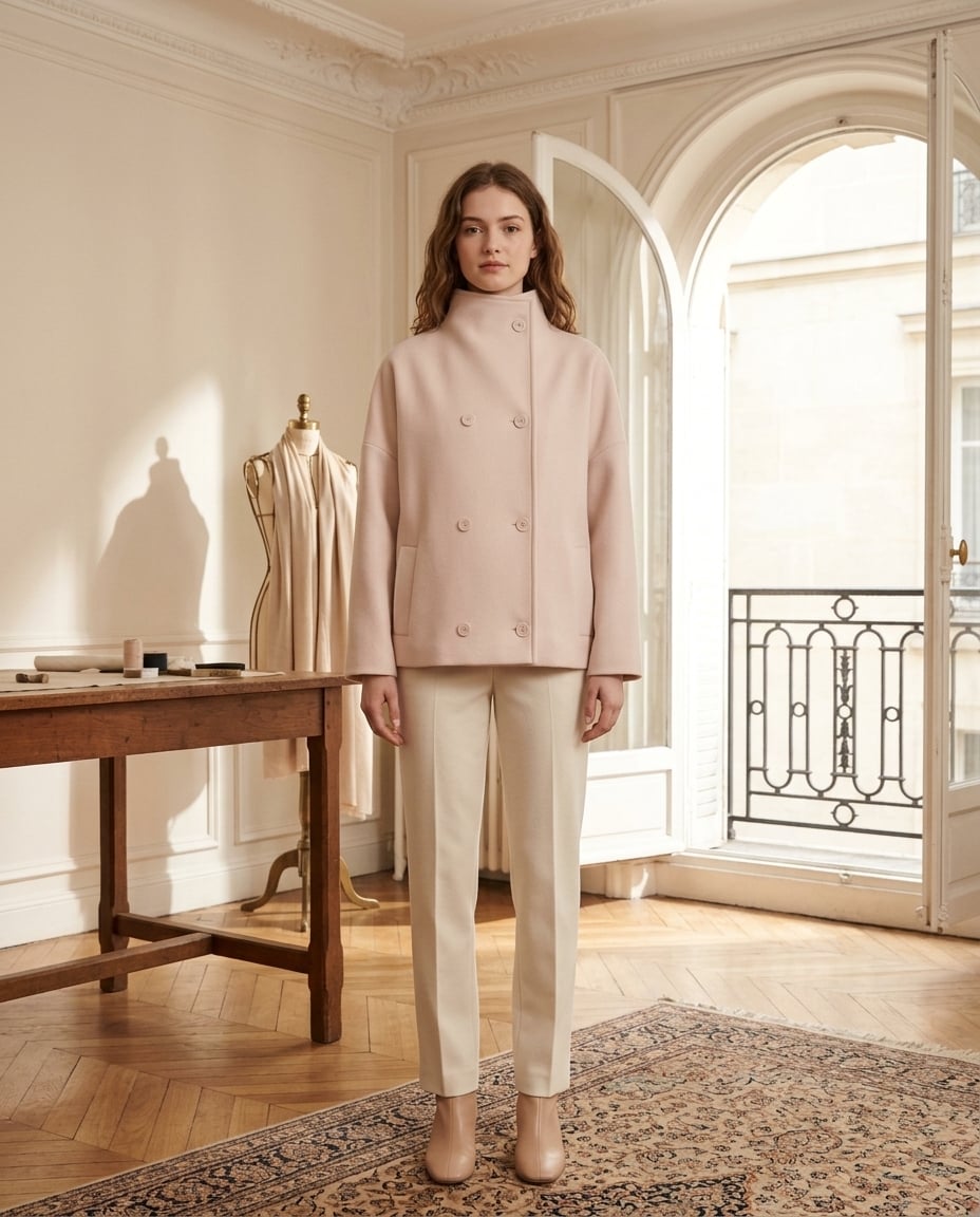 Amelia Sophisticated Double-Breasted Wool Jacket in Blush Pink — Maison Perigee — front