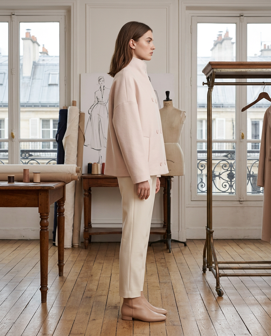 Amelia Sophisticated Double-Breasted Wool Jacket in Blush Pink — Maison Perigee — side