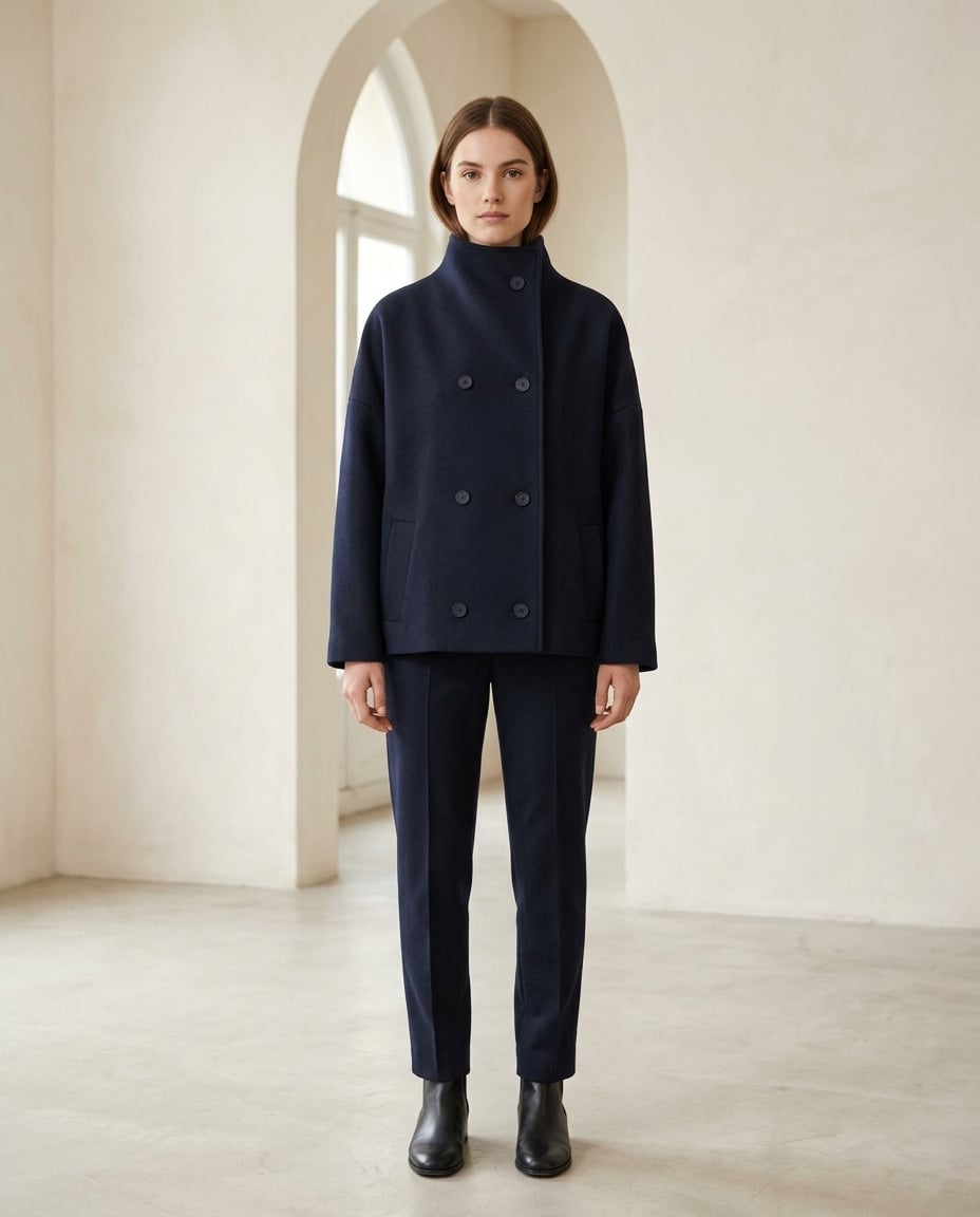Amelia Sophisticated Double-Breasted Wool Jacket in Navy — Maison Perigee — front