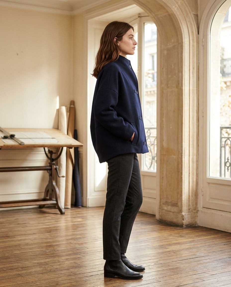 Amelia Sophisticated Double-Breasted Wool Jacket in Navy — Maison Perigee — side