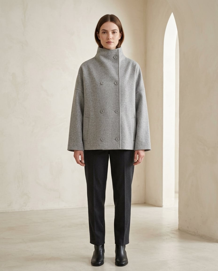 Amelia Sophisticated Double-Breasted Wool Jacket in Light Grey — Maison Perigee — front