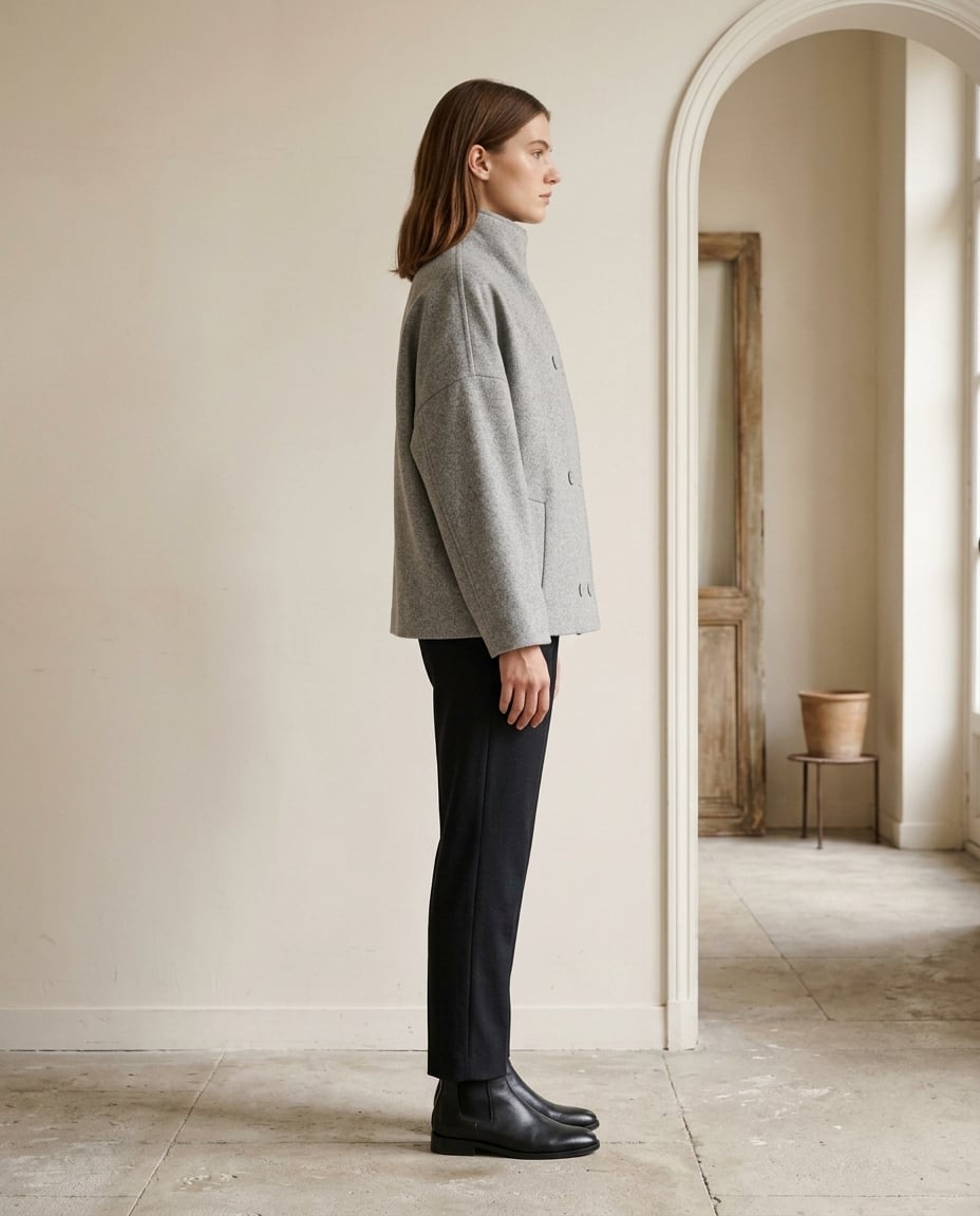 Amelia Sophisticated Double-Breasted Wool Jacket in Light Grey — Maison Perigee — side