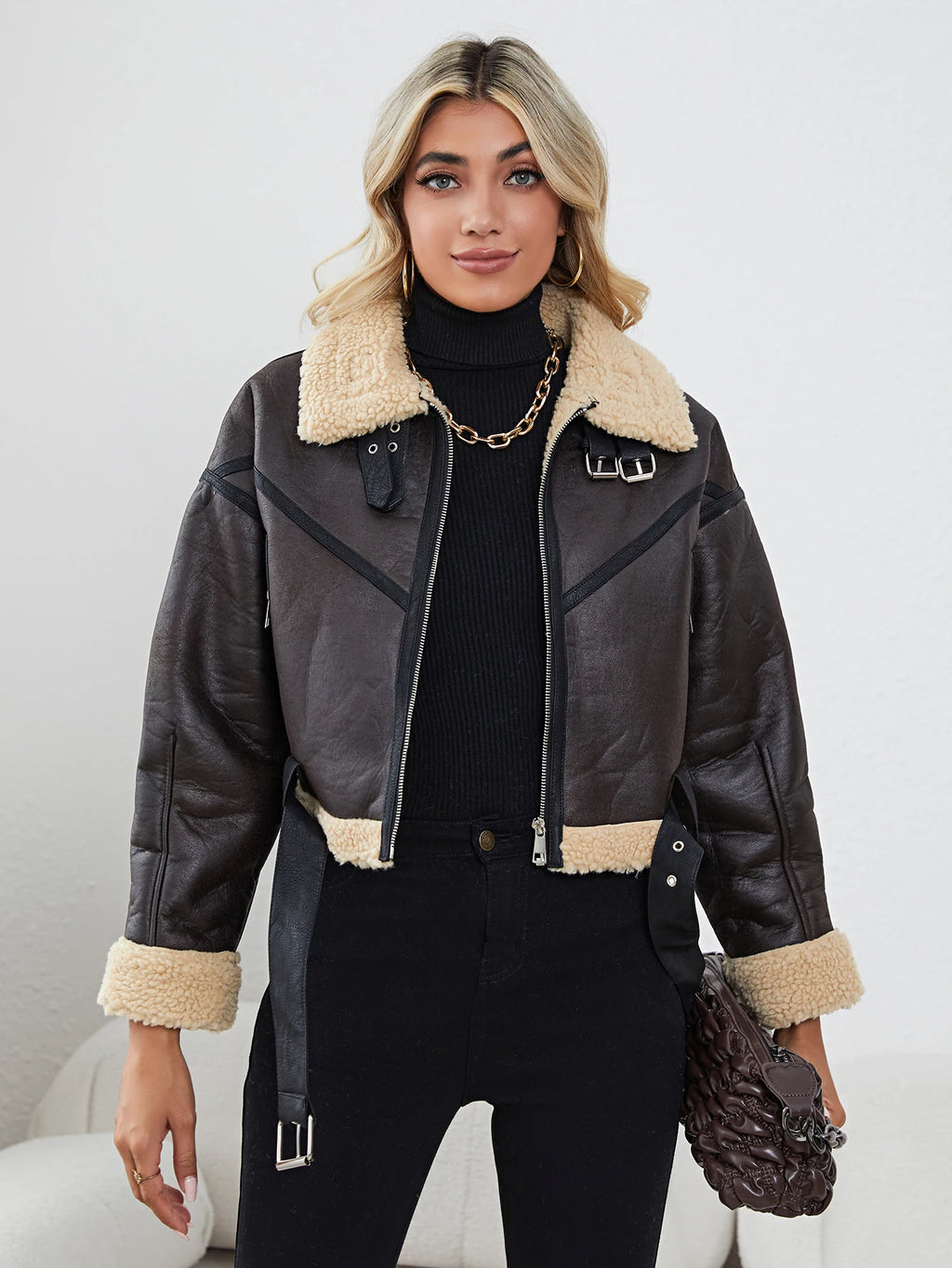 Women's Faux Leather Sherpa Motor Jacket Bomber Aviator Cropped Coat