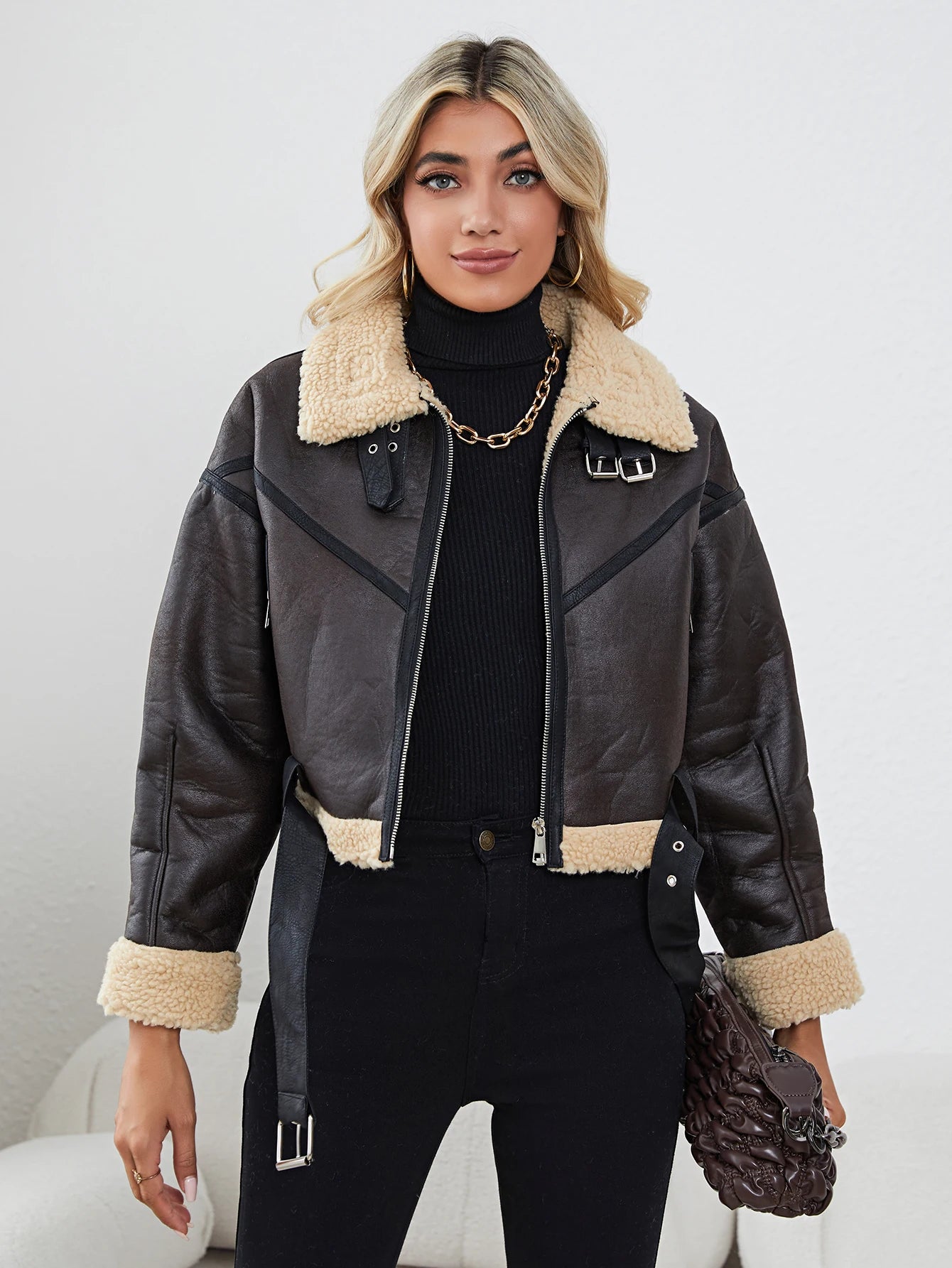Women's Faux Leather Sherpa Motor Jacket Bomber Aviator Cropped Coat