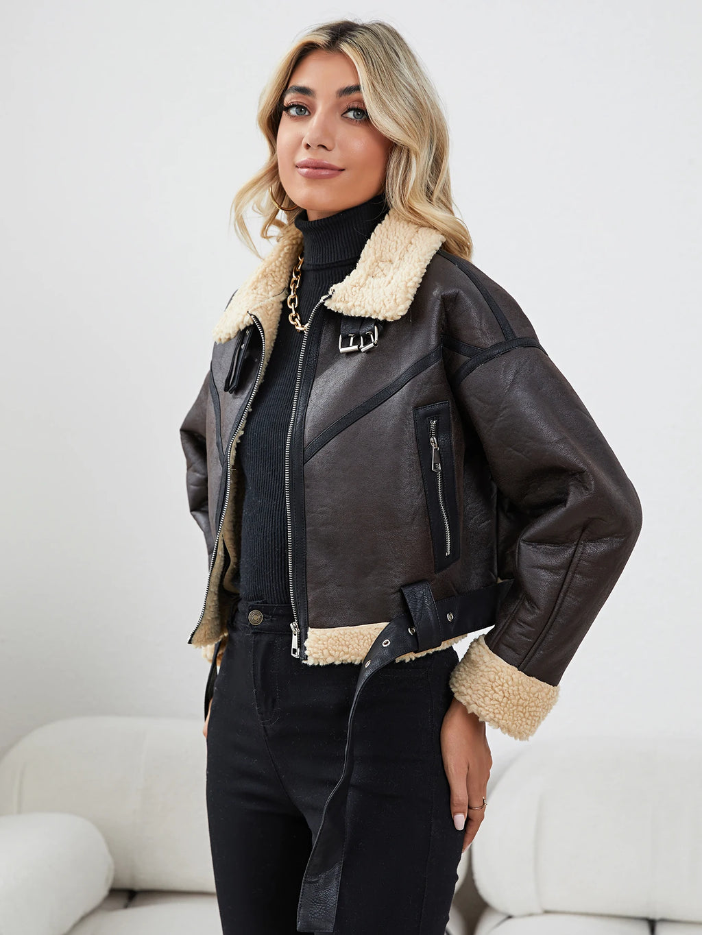 Women's Faux Leather Sherpa Motor Jacket Bomber Aviator Cropped Coat