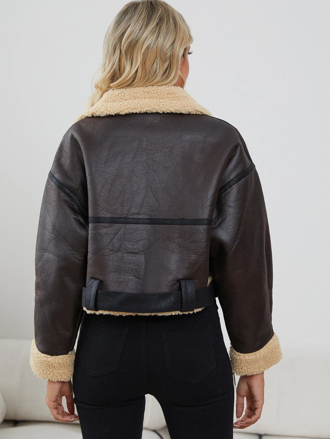 Women's Faux Leather Sherpa Motor Jacket Bomber Aviator Cropped Coat