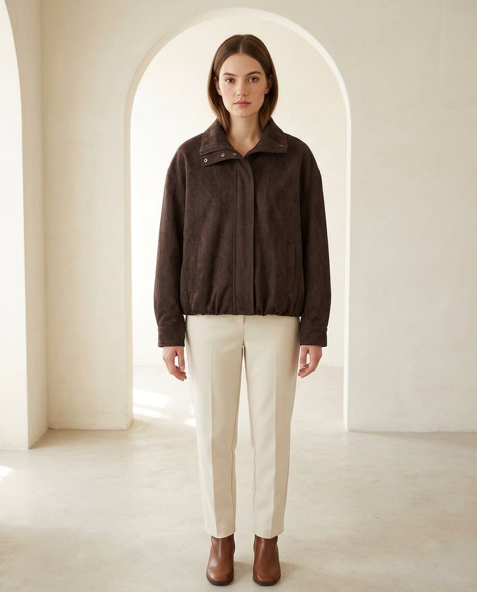 Zara Effortless Cropped Faux-Suede Bomber Jacket in Chocolate Brown — Maison Perigee — front
