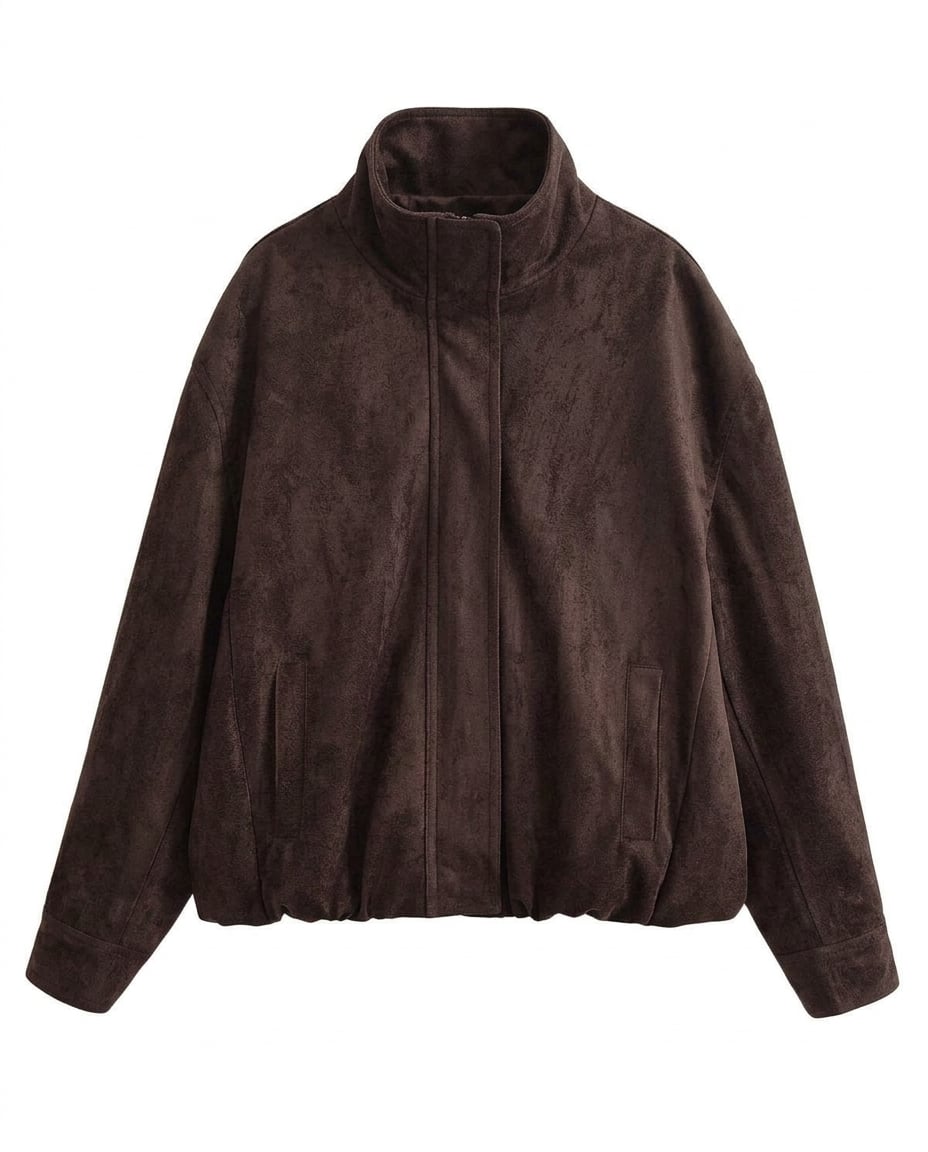 Zara Effortless Cropped Faux-Suede Bomber Jacket in Chocolate Brown — Maison Perigee — product