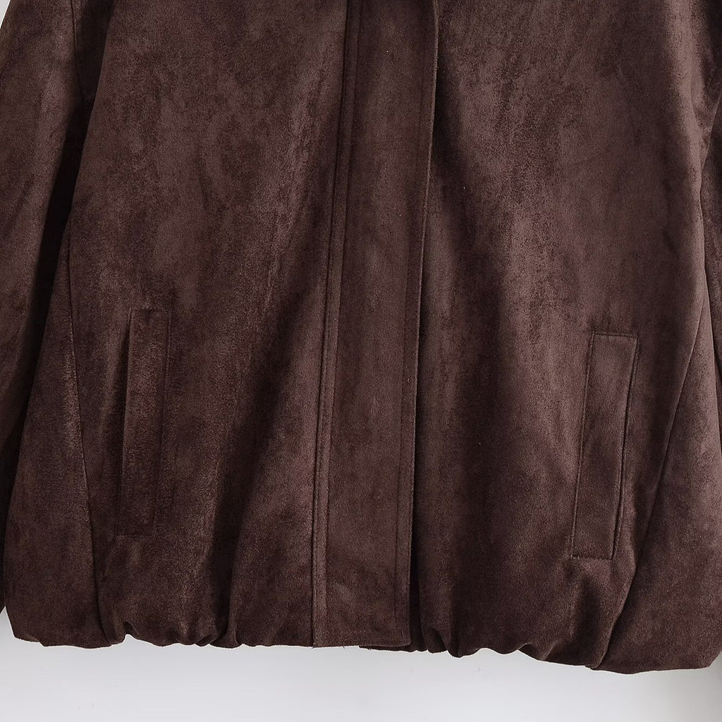 Zara Effortless Cropped Faux-Suede Bomber Jacket in Chocolate Brown — Maison Perigee — product