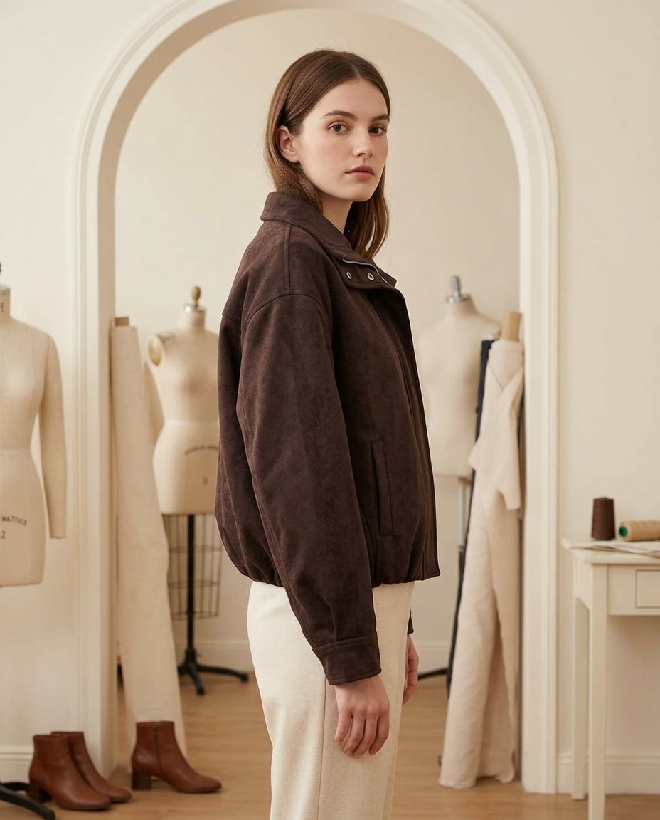 Zara Effortless Cropped Faux-Suede Bomber Jacket in Chocolate Brown — Maison Perigee — side