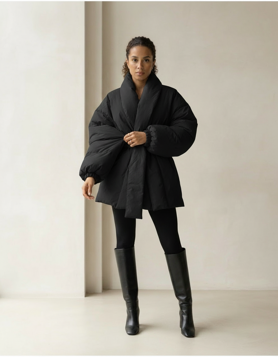 Amara - Shawl Collar Puffer Coat in Black - part 1