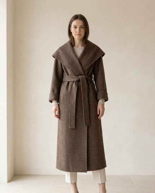 Amelia | Elegant Chocolate Brown Long Tailored Wool Coat for Winter - front view