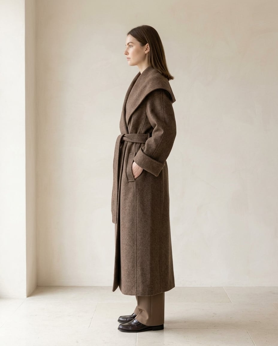Amelia | Elegant Chocolate Brown Long Tailored Wool Coat for Winter - side view