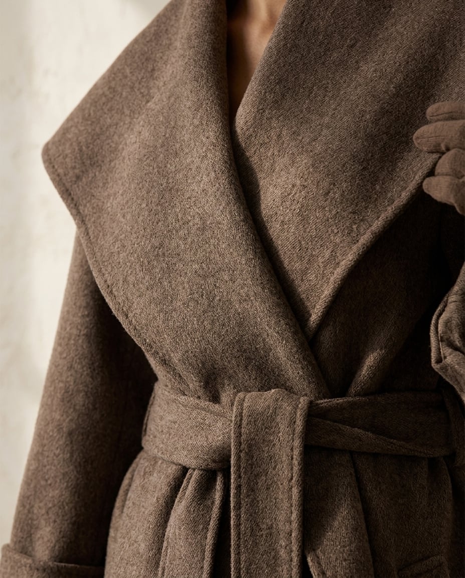 Amelia | Elegant Chocolate Brown Long Tailored Wool Coat for Winter - detail close-up