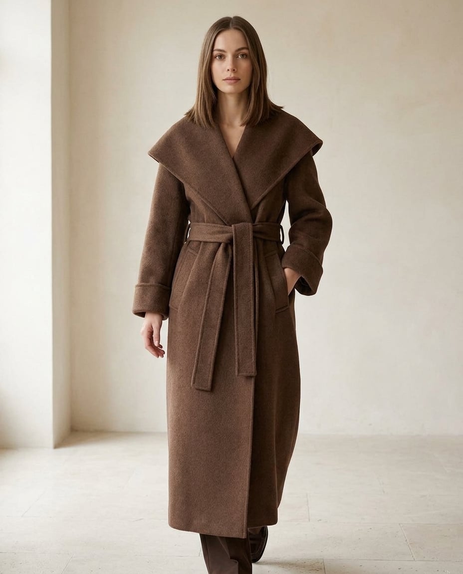 Amelia | Elegant Chocolate Brown Long Tailored Wool Coat for Winter - side view