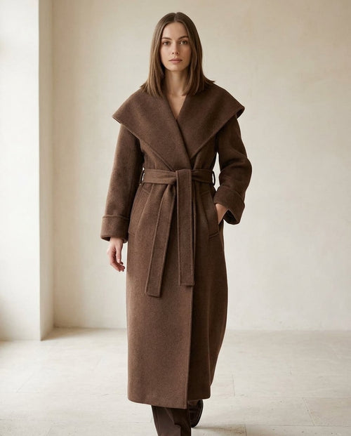 Amelia | Elegant Chocolate Brown Long Tailored Wool Coat for Winter - side view