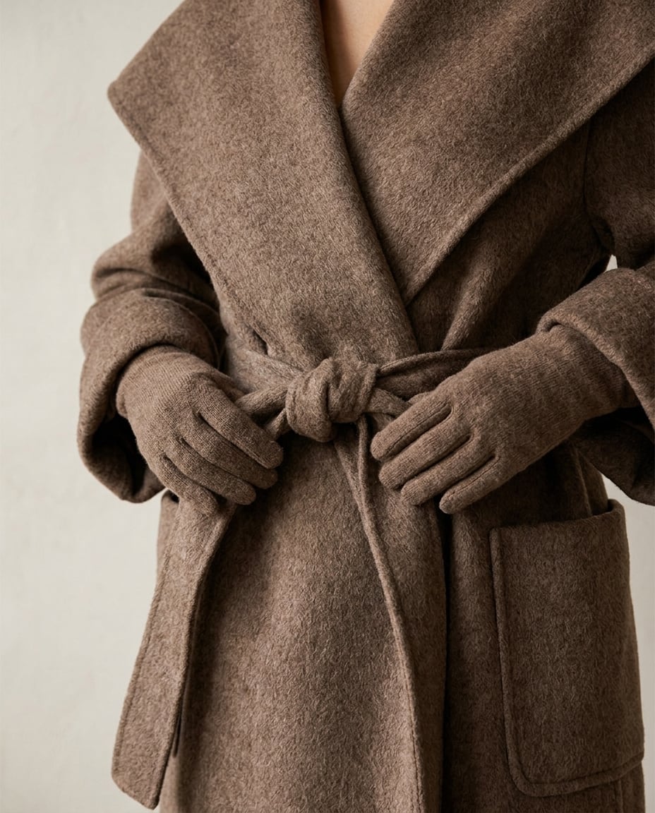 Amelia | Elegant Chocolate Brown Long Tailored Wool Coat for Winter - detail close-up