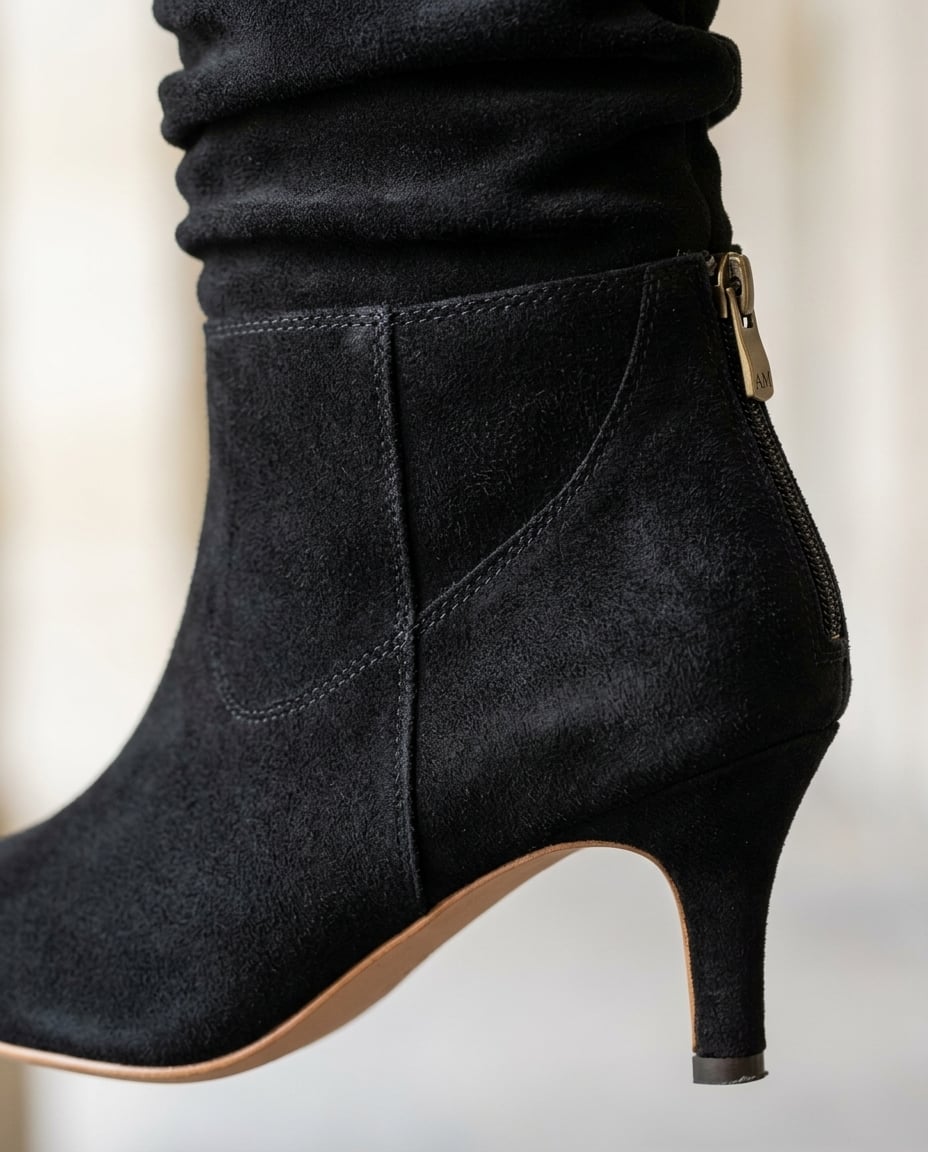 Black mid-calf boots material and heel detail | Maison Perigee — detail