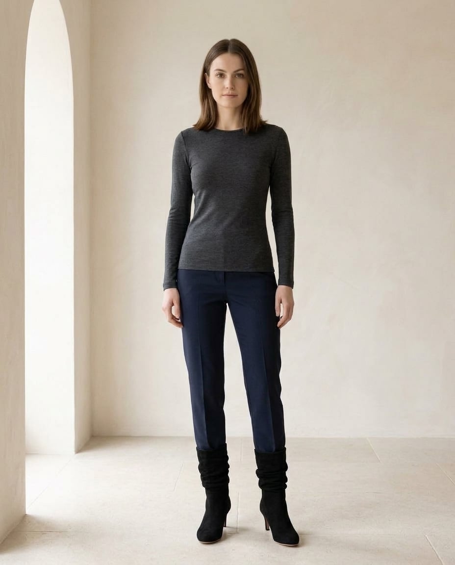 Black mid-calf boots on model, front view | Maison Perigee — front