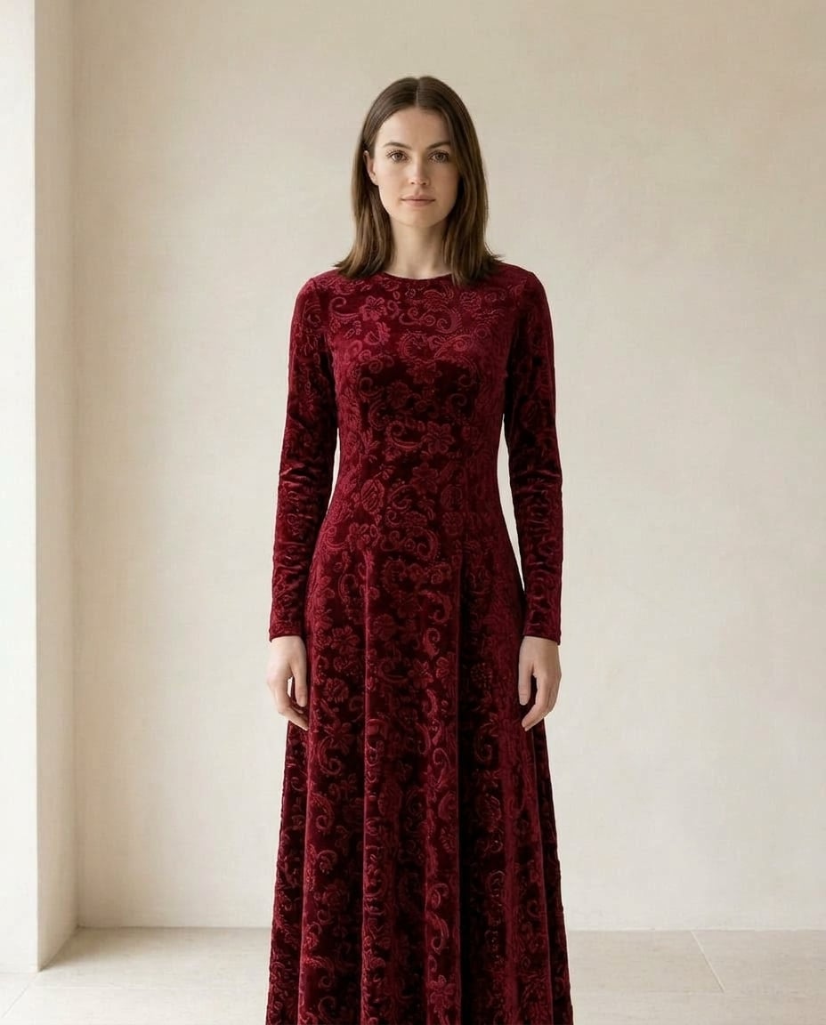 Amelia | Refined Velvet Jacquard Dress for Autumn/Winter — front | Maison Perigee