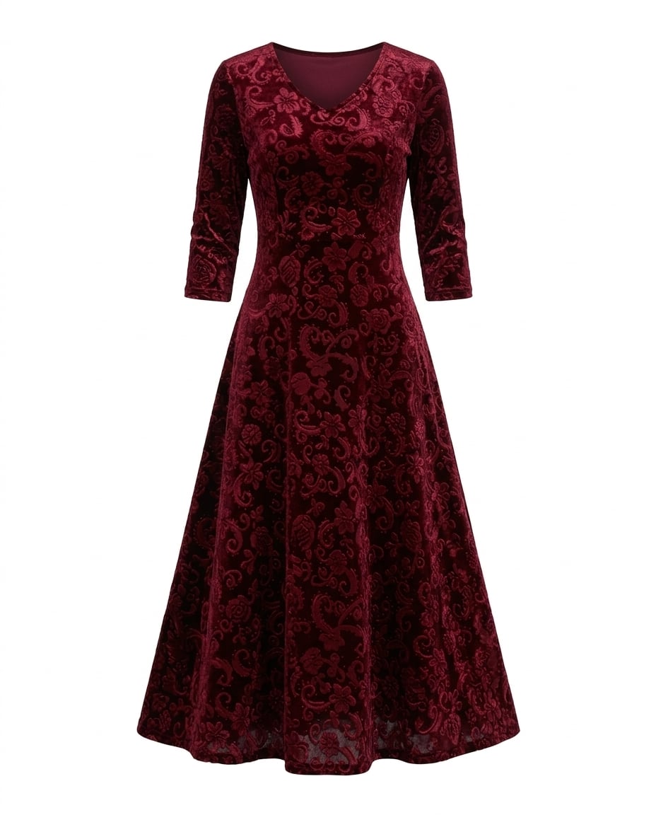 Amelia | Refined Velvet Jacquard Dress for Autumn/Winter — product white bg | Maison Perigee