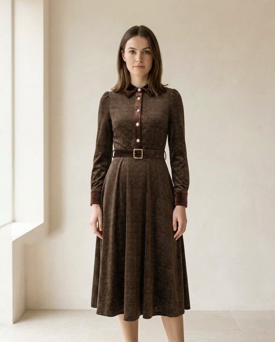 Amelia | Refined Velvet Midi Dress for Autumn/Winter — front | Maison Perigee