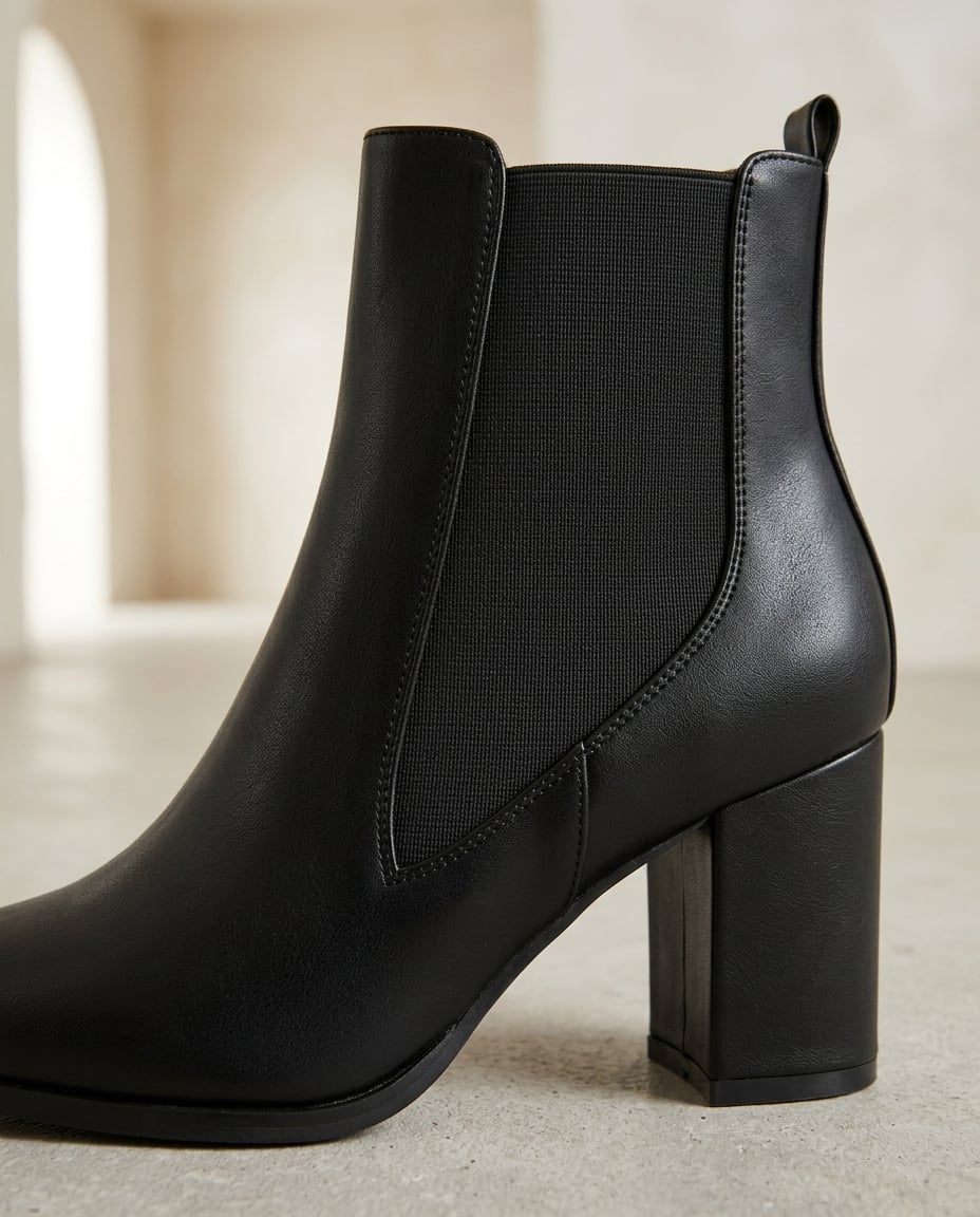 Black chelsea boots material and heel detail | Maison Perigee — detail