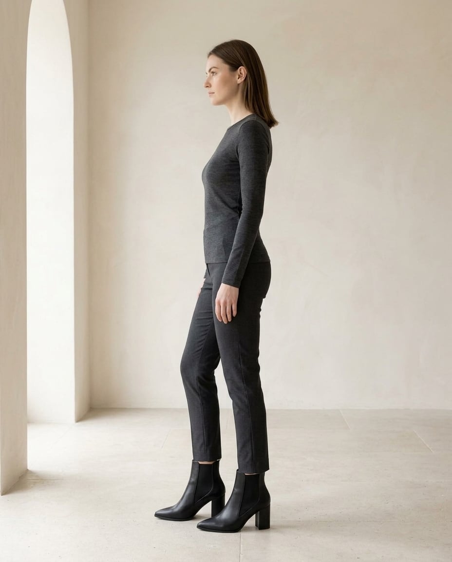 Black chelsea boots on model, side profile | Maison Perigee — side