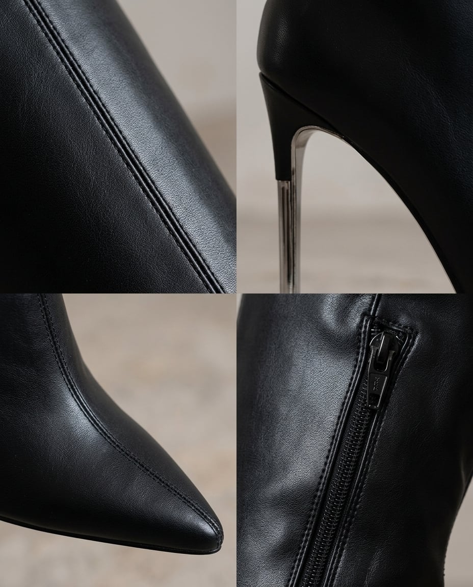 Black over-the-knee boots material and heel detail | Maison Perigee — detail