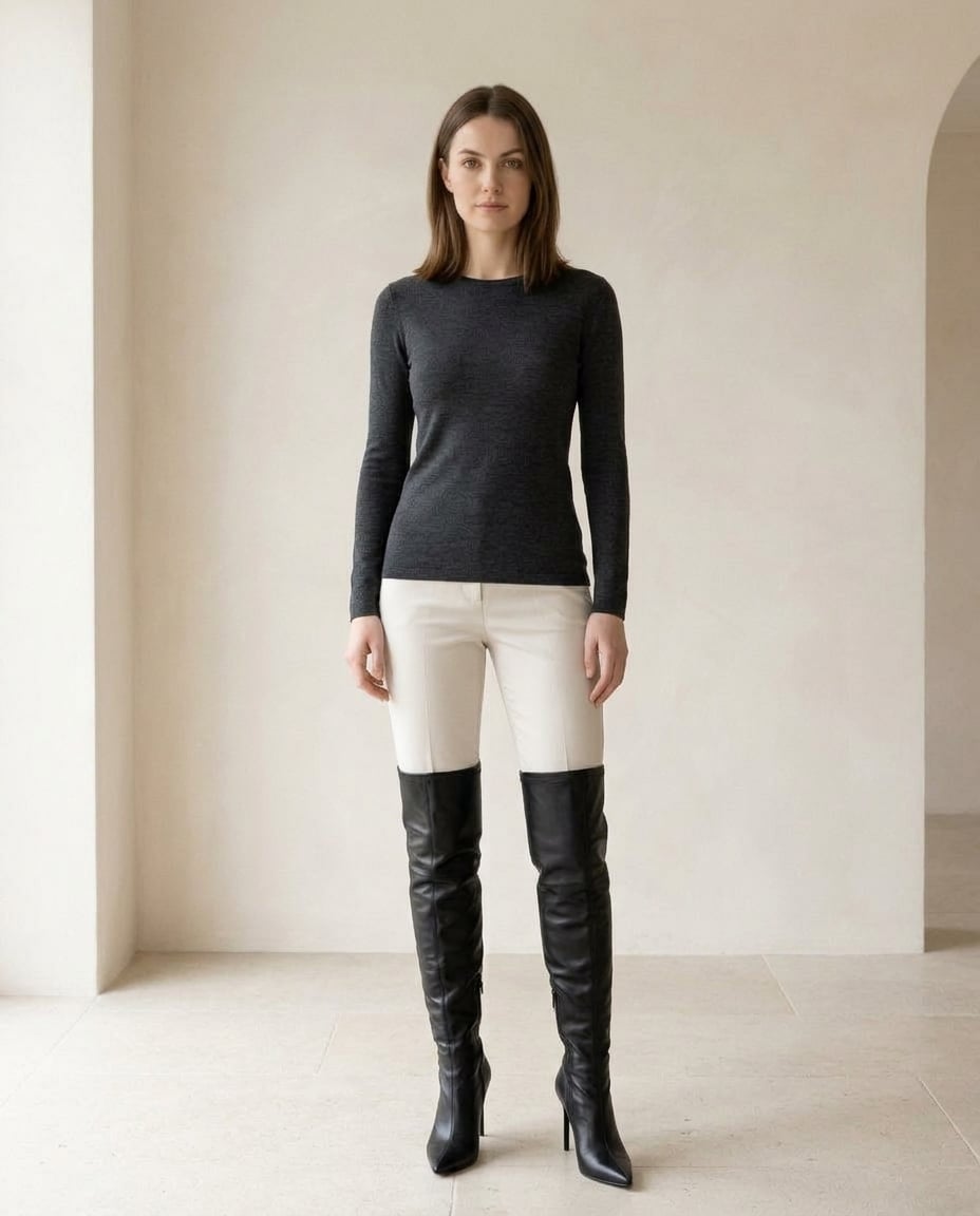 Black over-the-knee boots on model, front view | Maison Perigee — front