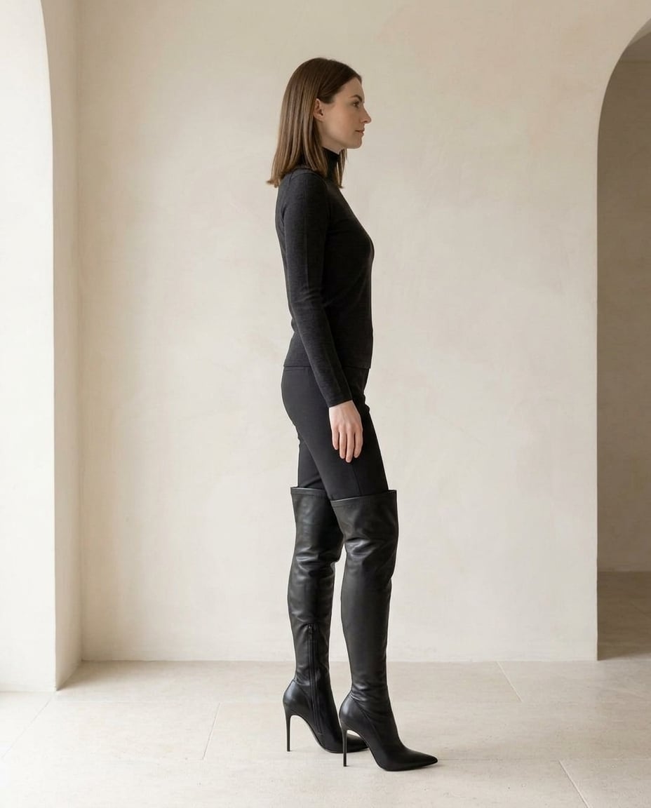 Black over-the-knee boots on model, side profile | Maison Perigee — side