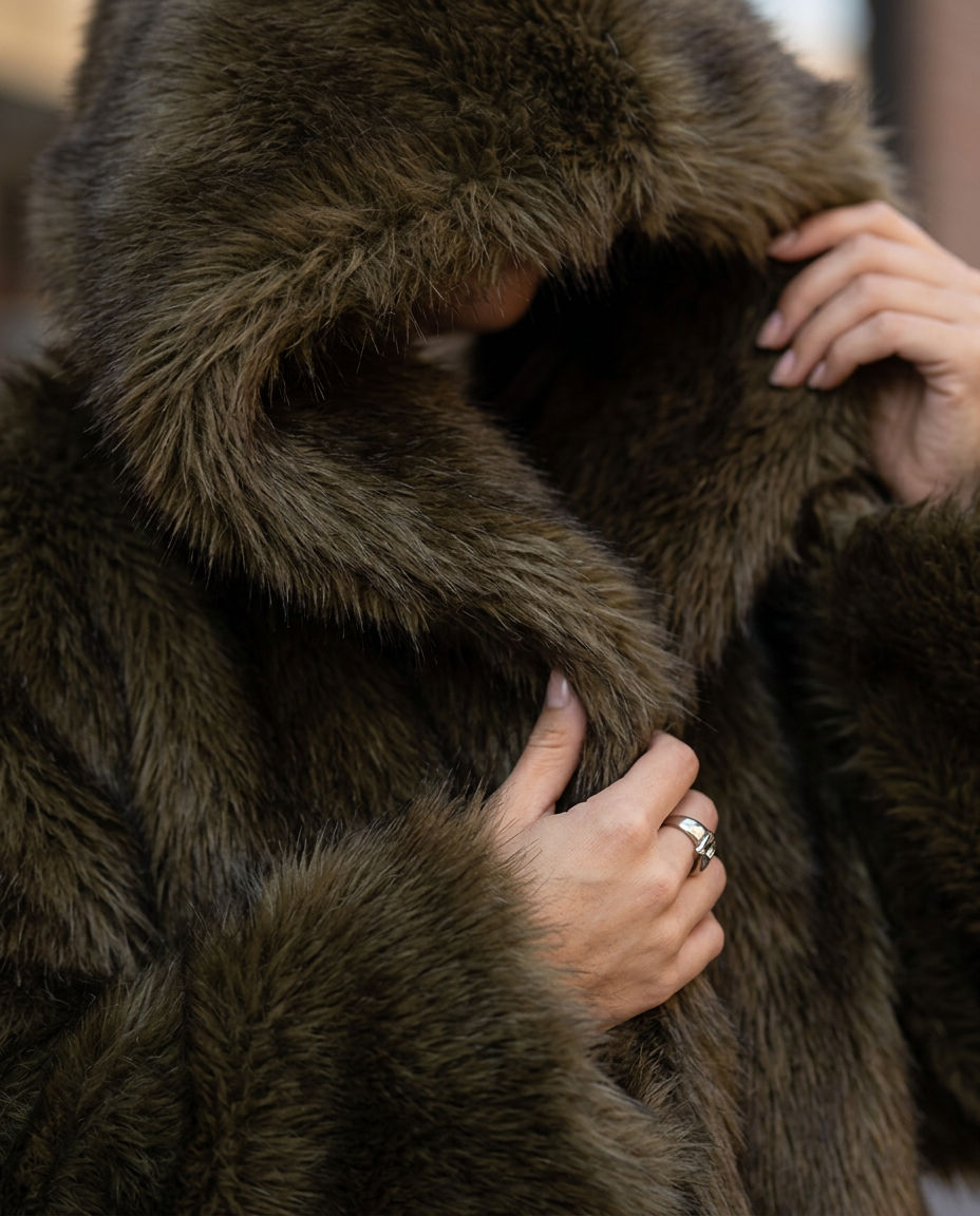 Amelie - Luxe Faux Fur Hooded Coat for Winter - detail close-up