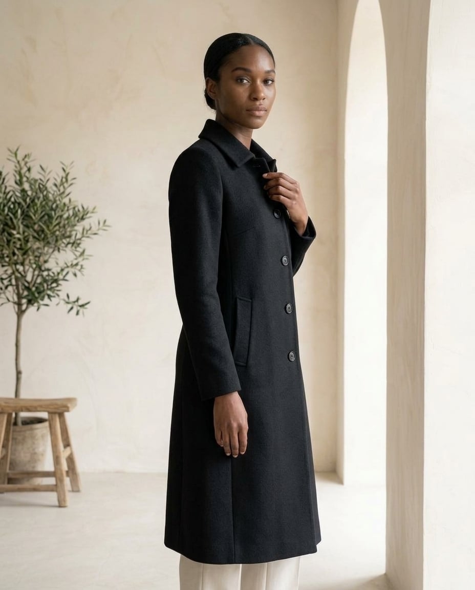 Camille - Refined Long Wool Coat for Winter in Black — Maison Perigee — side
