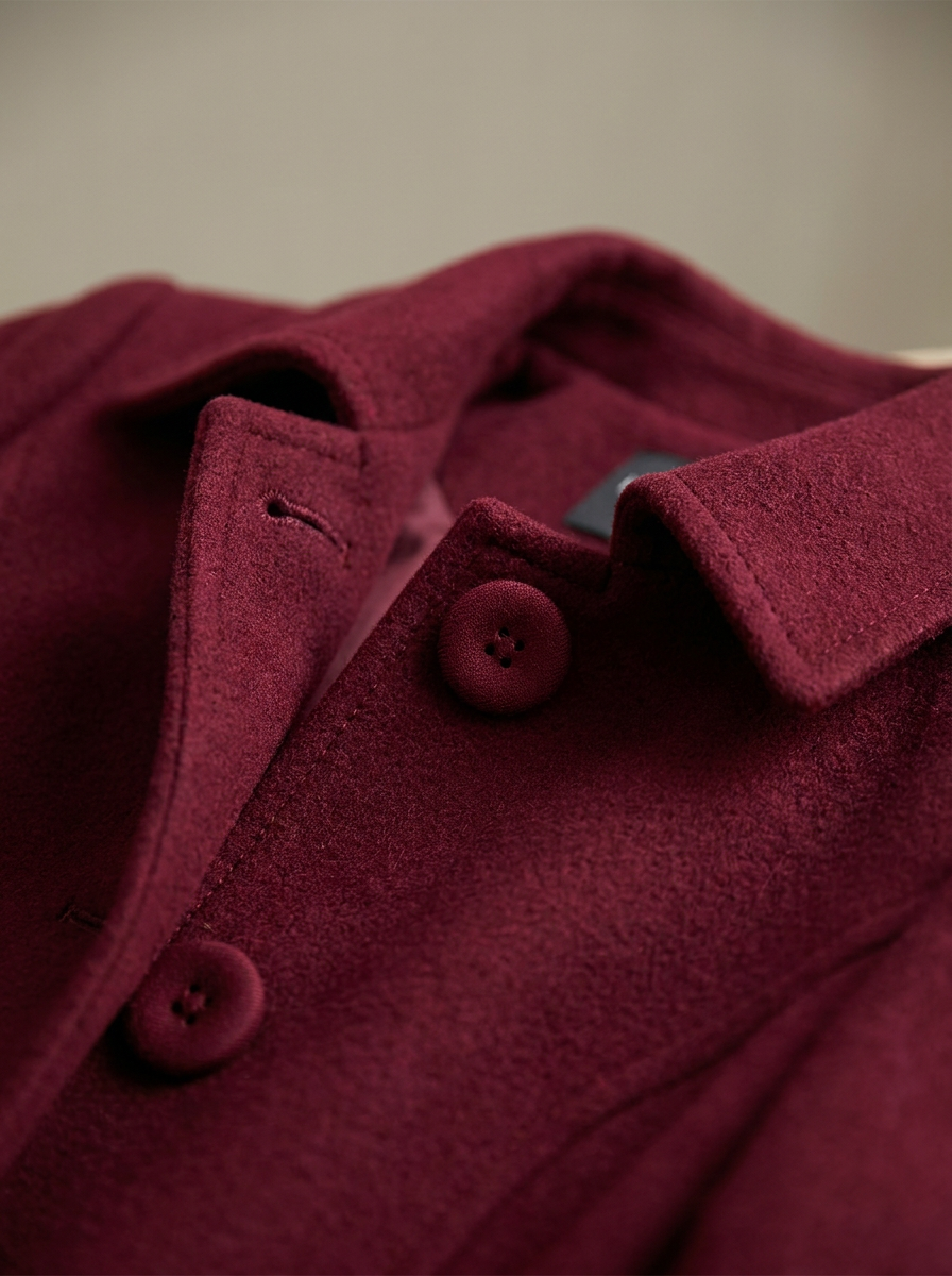 Camille - Refined Long Wool Coat for Winter in Burgundy — Maison Perigee — detail