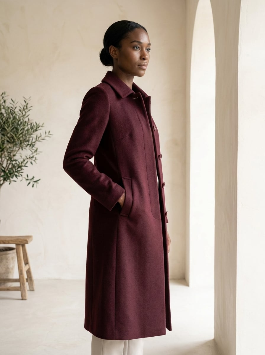 Camille - Refined Long Wool Coat for Winter in Burgundy — Maison Perigee — side
