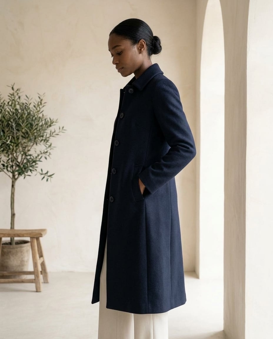 Camille - Refined Long Wool Coat for Winter in Navy — Maison Perigee — side