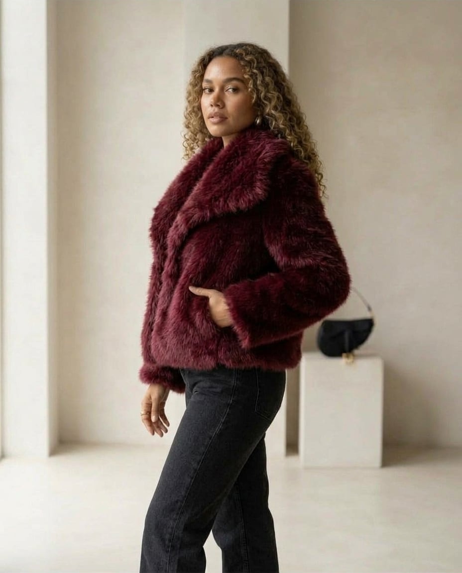 Zara | Elegant Faux Fur Jacket for Autumn/Winter in Burgundy — Maison Perigee — front
