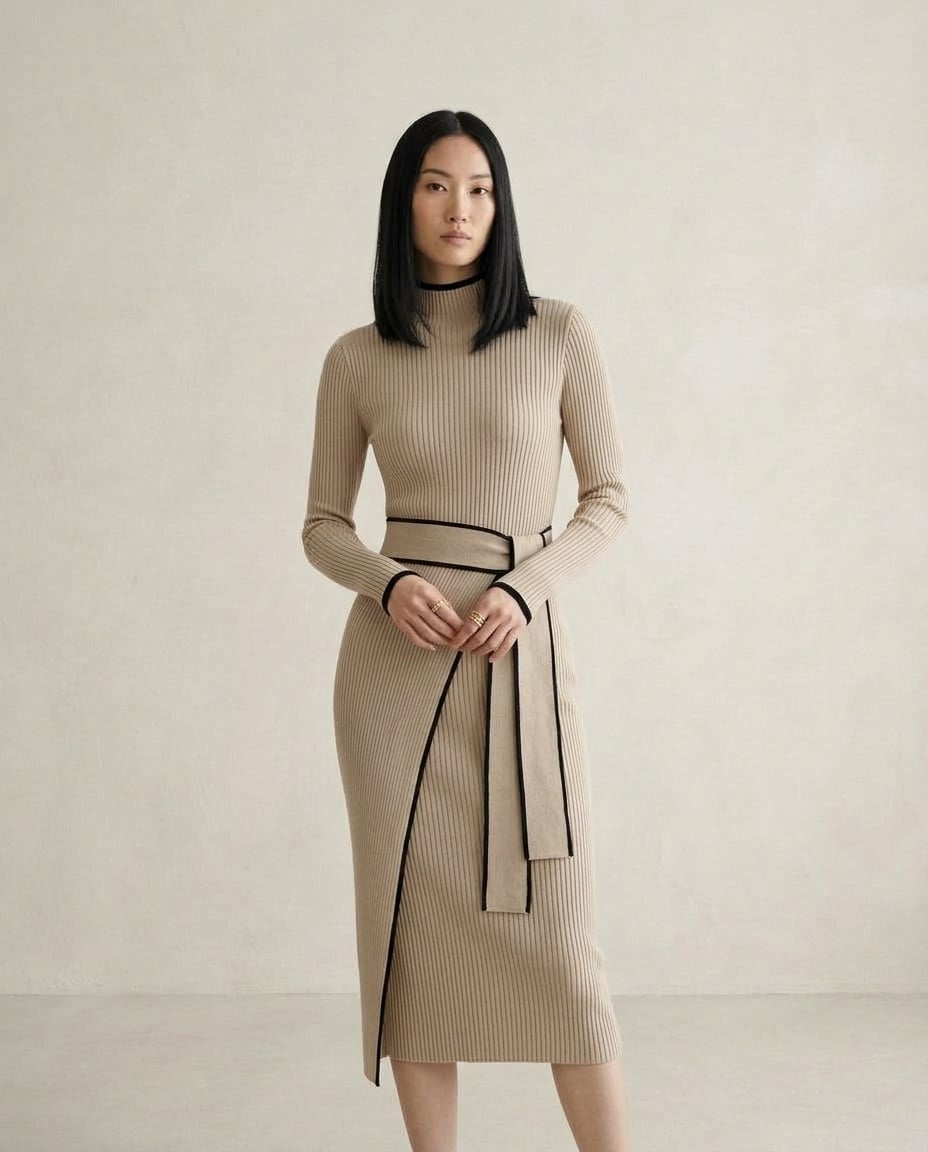 Celeste - Elegant Lace-Up Turtleneck Knit Dress - front view