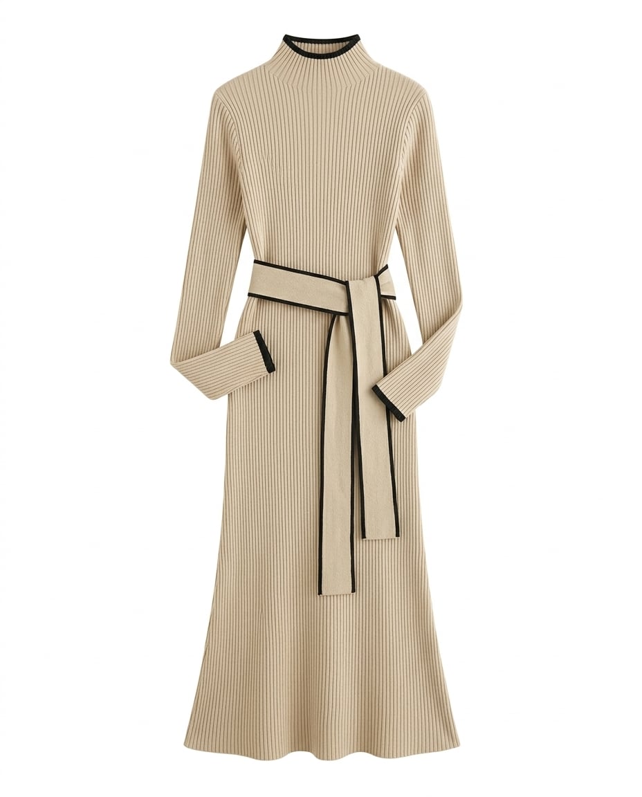 Celeste - Elegant Lace-Up Turtleneck Knit Dress - flat lay