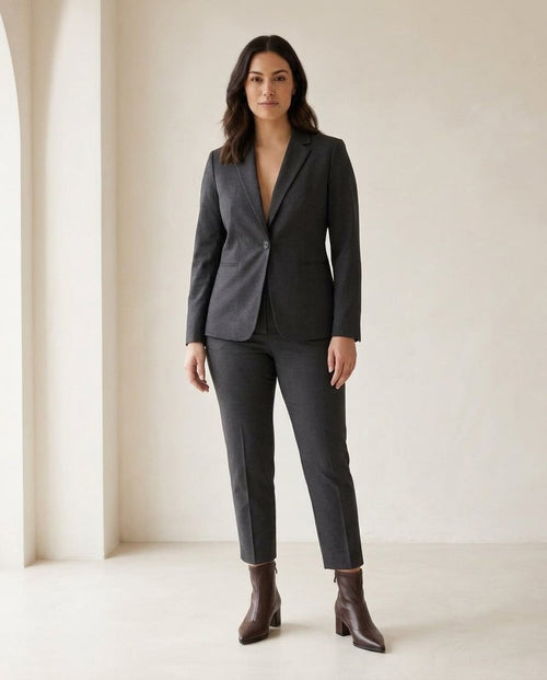 Chocolate ankle boots on model, front view | Maison Perigee — front