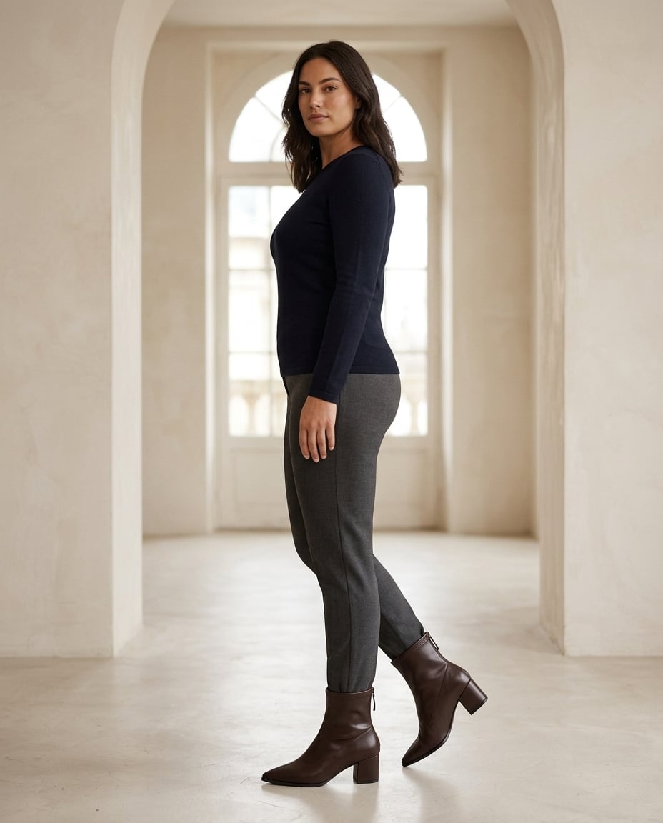 Chocolate ankle boots on model, side profile | Maison Perigee — side