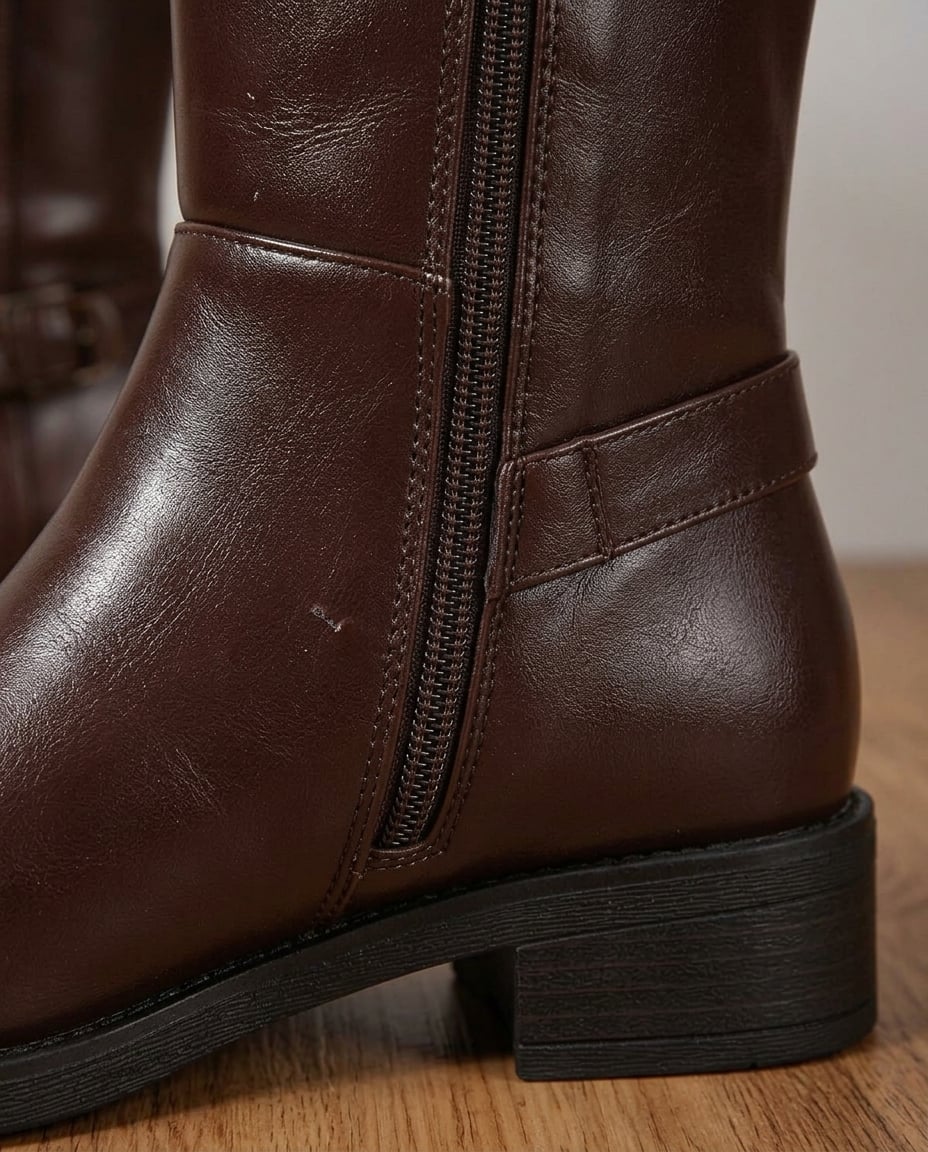 Chocolate knee-high boots material and heel detail | Maison Perigee — detail