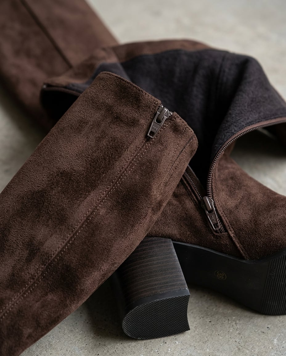 Brown knee-high boots material and heel detail | Maison Perigee — detail